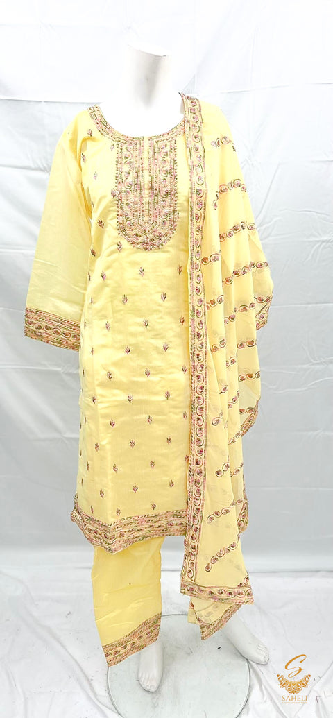 Size 42 Lemon yellow Colour Silk Based Embroidered Work Kameez With Pents & Beautiful georgette embroidered Dupatta