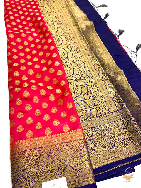 Mazenta pink colour art silk saree with nevi colour pallu