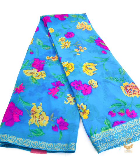 Firozi colour pure chiffon based floral print saree