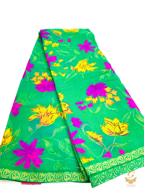 Bottle green  colour pure chiffon based floral print saree