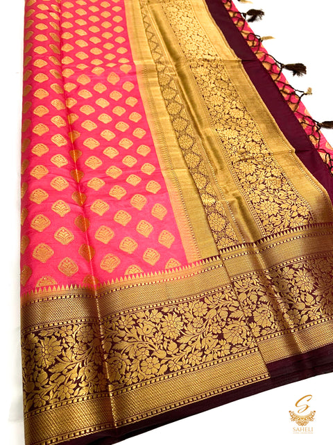Lite Purple pink colour art silk saree with wine  colour pallu