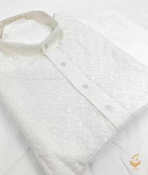 White colour cotton  based chikankari work kurta with white pajama
