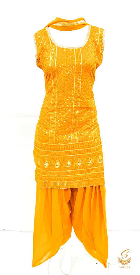 size 42 (upto 44) Mustard colour georgette based embroidery work designer salwar suit
