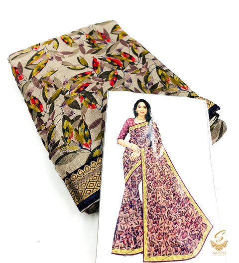 Grey colour pure chiffon based floral print saree