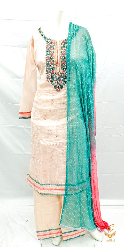 Size 42 Pastel cream pink Colour  Silk Based Embroidered Work Kameez With Pents & Beautiful chiffon Dupatta
