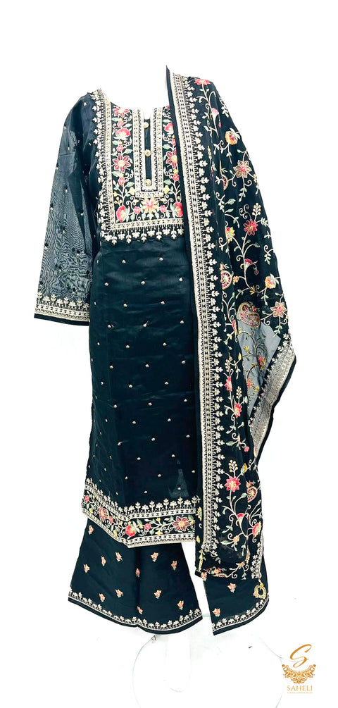 Size 44 Black colour cotton silk based embroidered work kameez with embroidered work pents and dupatta