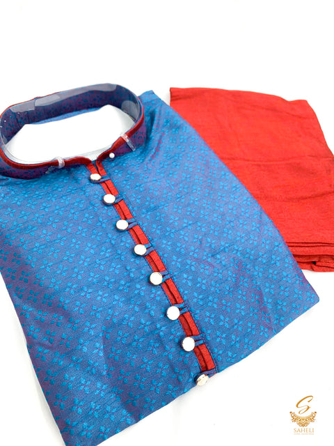 Peacock Blue two shades maroon piping kurta with maroon pajama pents