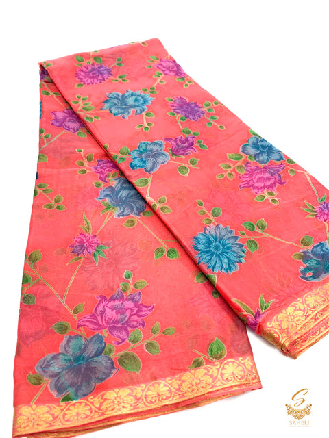 Mazenta pink colour pure chiffon based floral print saree