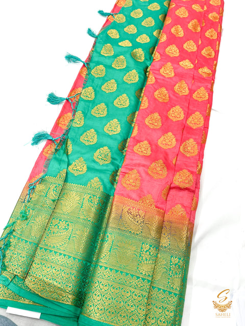 Peachy Pink colour art silk saree with green  colour pallu