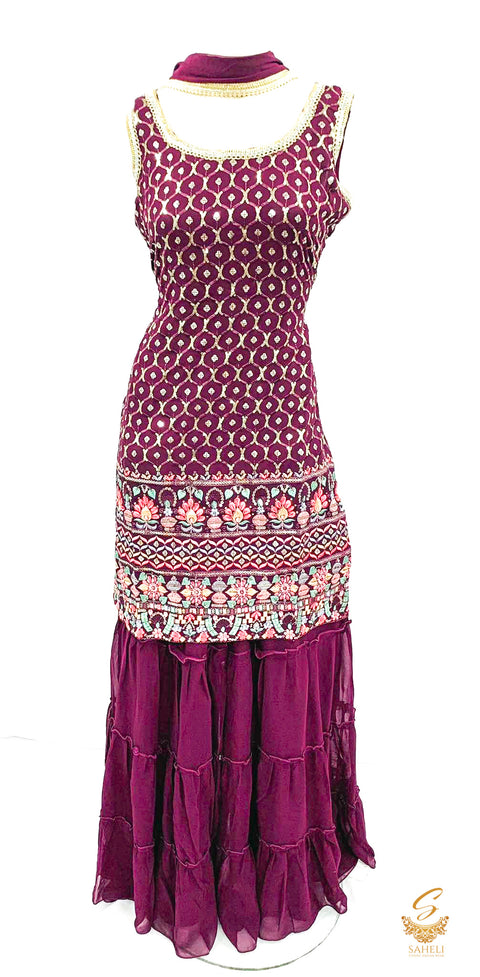 size 40 (upto 42) Deep plum colour sequin work with embroidery work georgette based  sharara suit