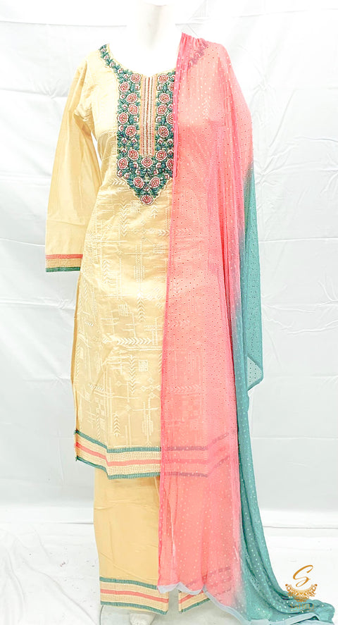 Size 42 Cream Colour  Silk Based Embroidered Work Kameez With Pents & Beautiful chiffon Dupatta