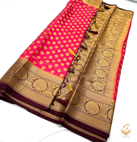 Pink colour art silk saree with brown maroon colour pallu