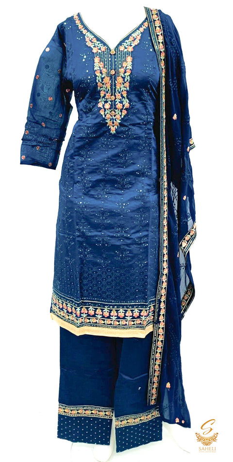 Size 42 Peacock Blue Colour  Silk Based Embroidered Work Kameez With Pents & Beautiful georgette Dupatta