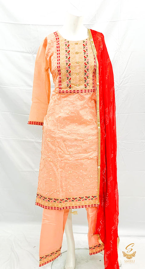 Size 44 Pastel Peach olour cotton silk based embroidery work kameez with pents & dupatta