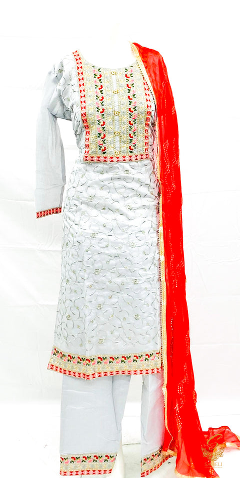 Size 44 Pastel Grey colour cotton silk based embroidery work kameez with pents & dupatta