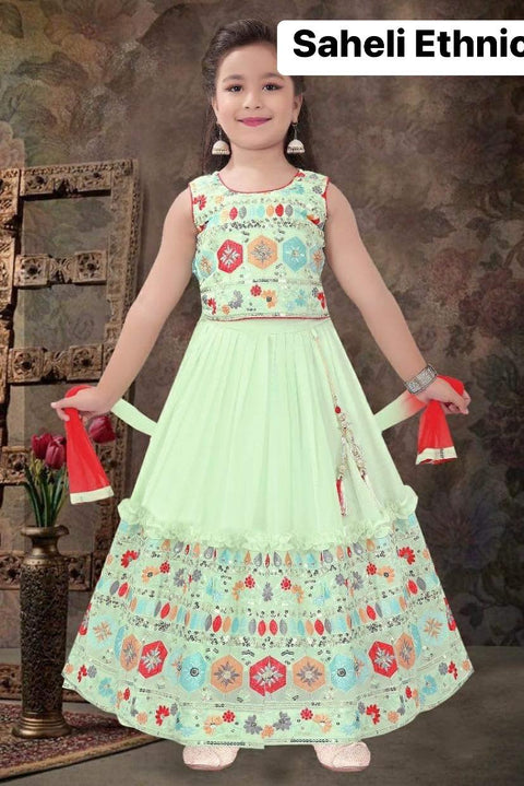 Pastel mint  Colour georgette based heavy embroidery & handwork kids kameez