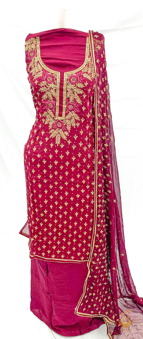 Purple (plum shade) colour Original chiffon based all over heavy handwork kameez & very heavy work pure chiffon dupatta with pure rayon silk bottom