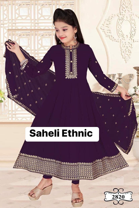 Dark Eggplant Colour georgette based heavy handwork kids kameez