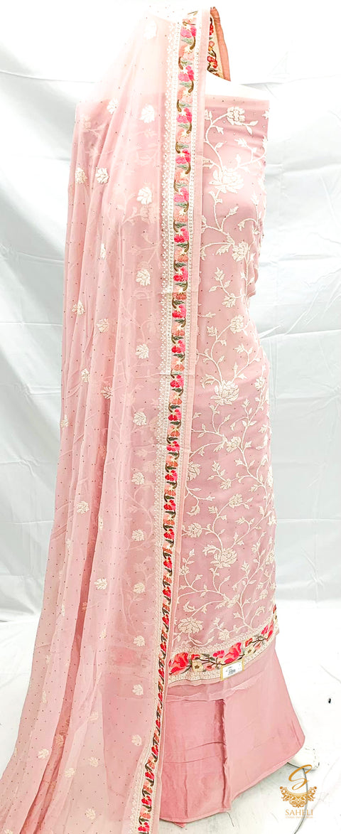 Pastel Crepe pink Colour Pure & Original Chiffon Based Kameez With chikankari Work  & Resham Embroidery With Rayon Buttersilk Bottom And Soft chiffon Heavy Embroidered Dupatta