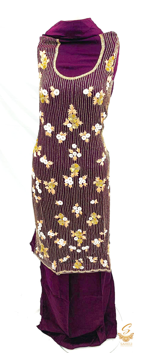 Dark Plum colour pure georgette based heavy handwork kameez with pure rayon silk bottom fabric and pure chiffon dupatta