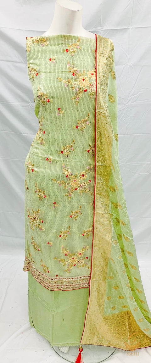 pastel mint colour pure & original chiffon badsed heavy handwork & sequined work kameez with malmal rayon bottom and Original banarsi silk dupatta