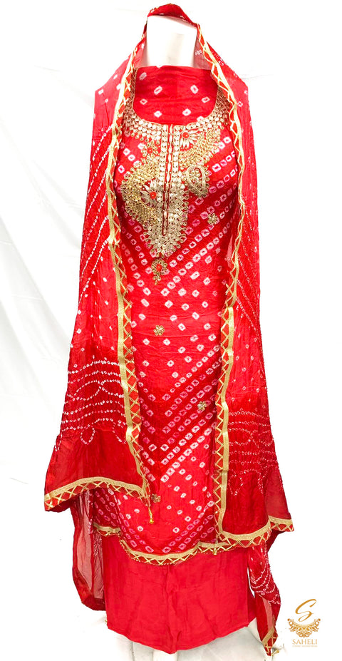 Red colour crepe silk based gotta patti work Jaipuri print kameez with butter silk dupatta with border & rayon silk bottom
