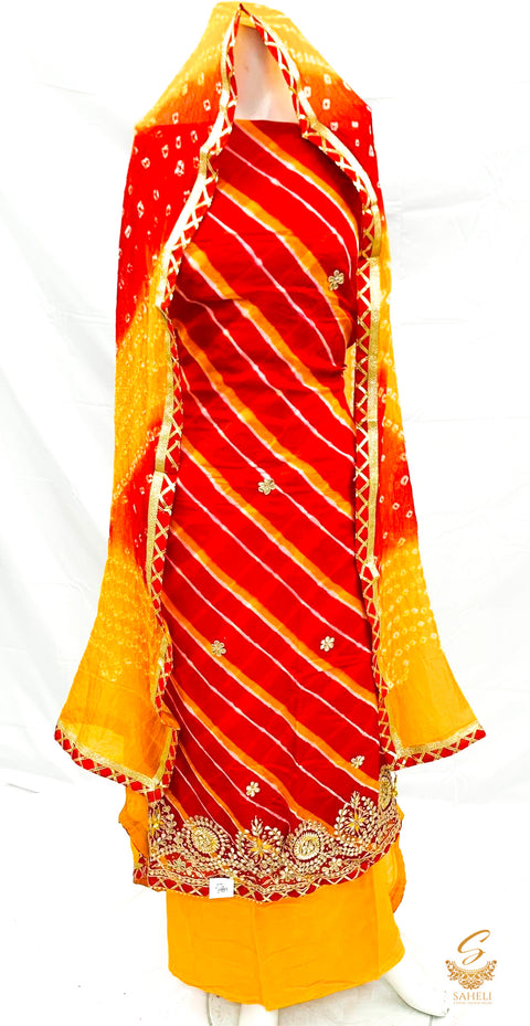 Orange & Mustard Colour Crepe Silk Based Gotta Patti Work Jaipuri Print Kameez With Butter Silk Dupatta With Border & Rayon Silk Bottom