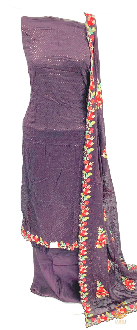 Dark Raisin colour pure chiffon silk kameez with sequined work and resham embroidery with pure chiffon heavy embroidery jaal work & malmal rayon soft bottom