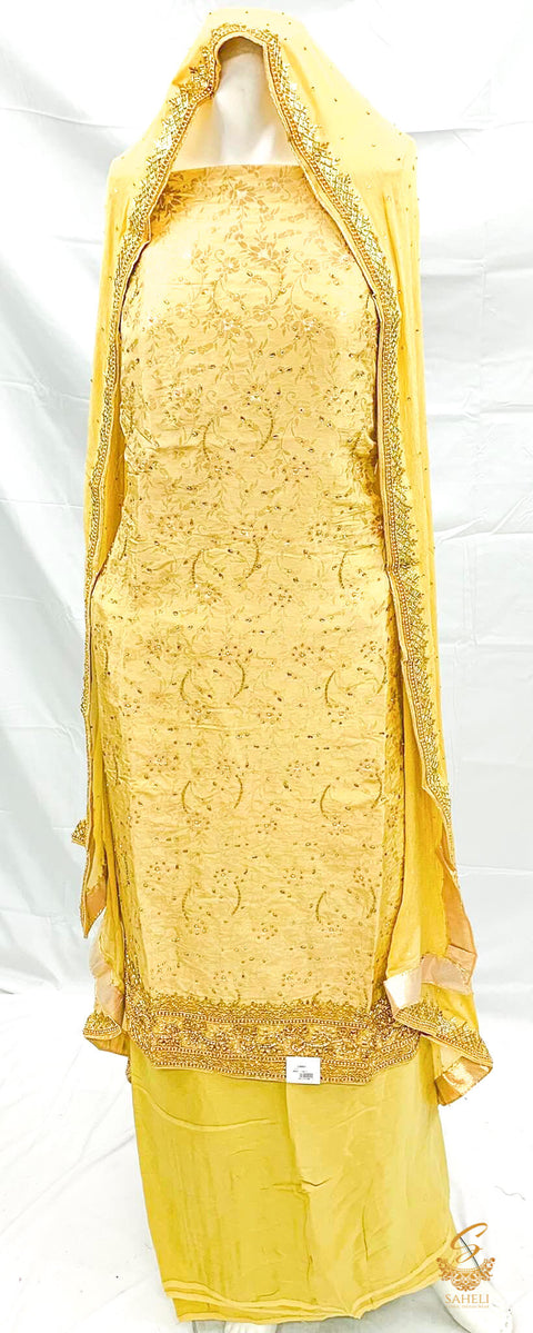 Golden beige colour pure brocade silk kameez with heavy handwork with pure chiffon heavy handwork  malmal silk dupatta & malmal rayon soft bottom