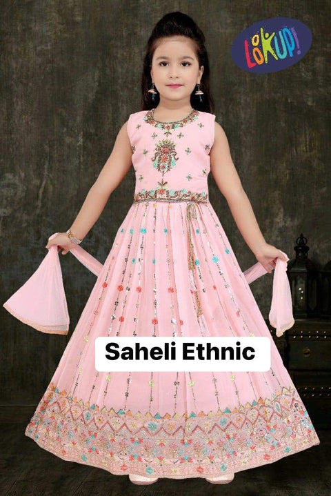 Pastel pink  Colour georgette based heavy embroidery & handwork kids kameez