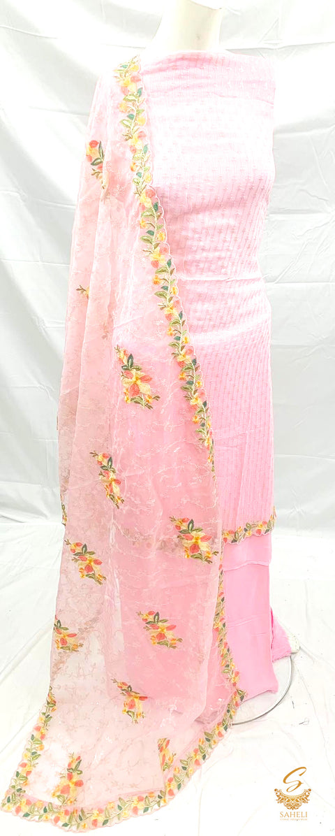 Baby Pink colour pure & original chiffon based kameez with sequined work & embroidery With rayon buttersilk bottom And soft organza heavy embroidered dupatta