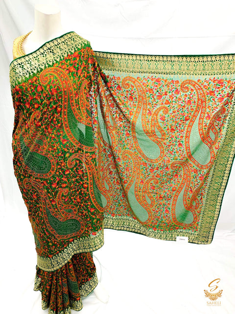 Dark green colour pure georgette heavy all over embroidery zari work beautiful designer saree