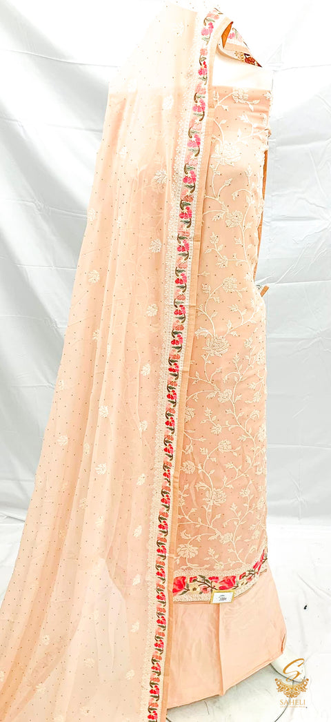 Pastel rosegold Colour Pure & Original Chiffon Based Kameez With chikankari Work  & Resham Embroidery With Rayon Buttersilk Bottom And Soft chiffon Heavy Embroidered Dupatta