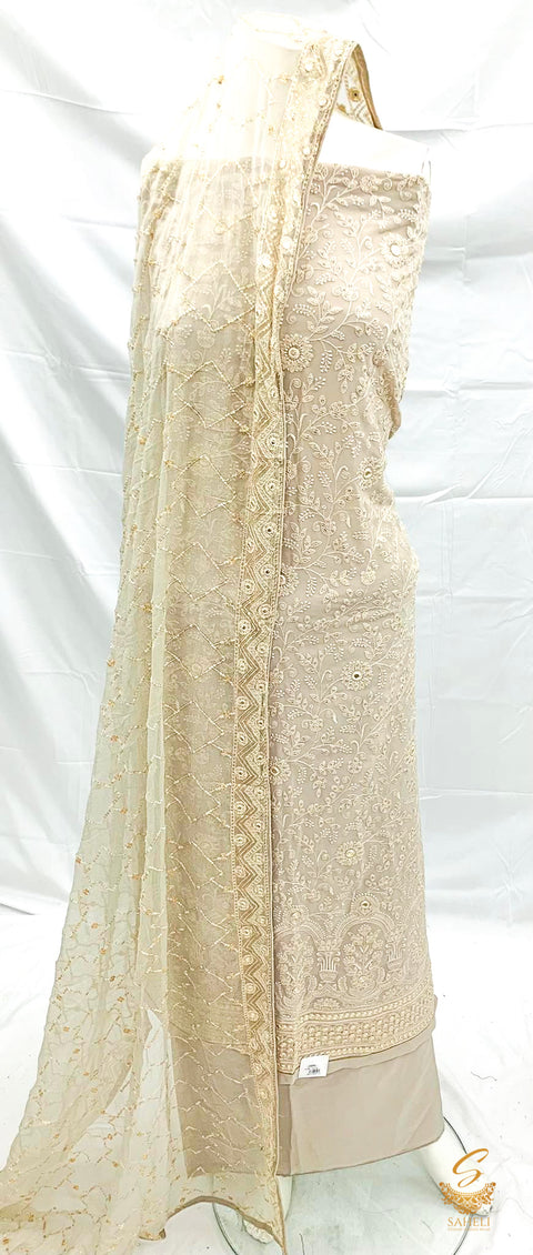 Pastel Grey Colour Pure & Original Chiifon Based Lakhnavi Work Kameez With Pure & Original Chiffon Dupatta heavy work And Malmal crepe Fabric