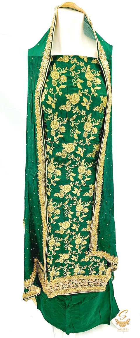 Dark Forest Green Colour Pure Brocade Silk Kameez With Heavy Handwork With Pure Chiffon Heavy Handwork Malmal Silk Dupatta & Malmal Rayon Soft Bottom