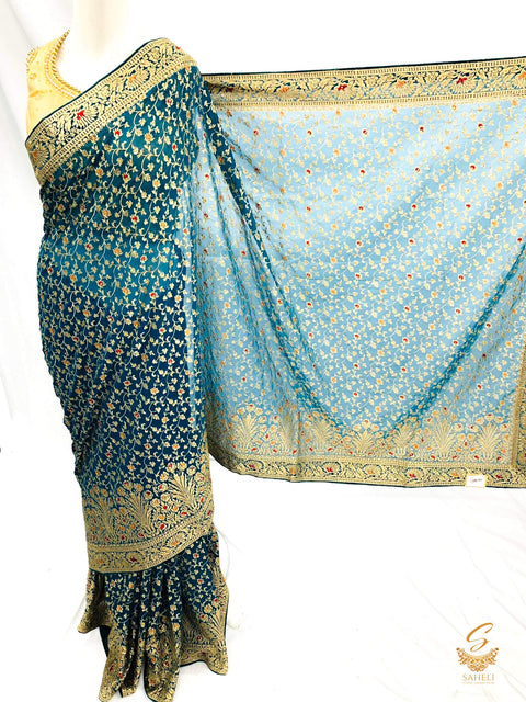 Dark Cerulean Blue colour pure georgette heavy all over embroidery zari work beautiful designer saree