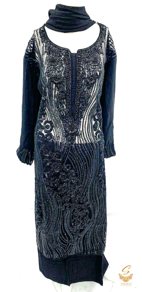 Black colour pure chiffon black heavy stone & beads work designer kameez with pure rayon bottom & Chiffon dupatta