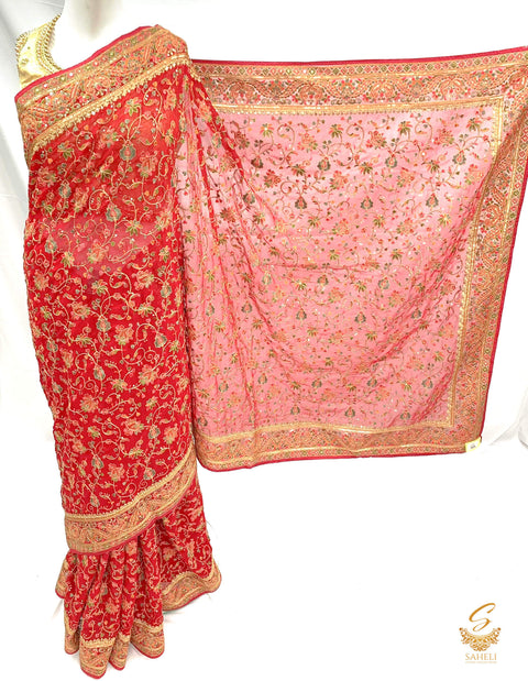 Dark ruby pink colour pure georgette heavy all over embroidery zari work beautiful designer saree