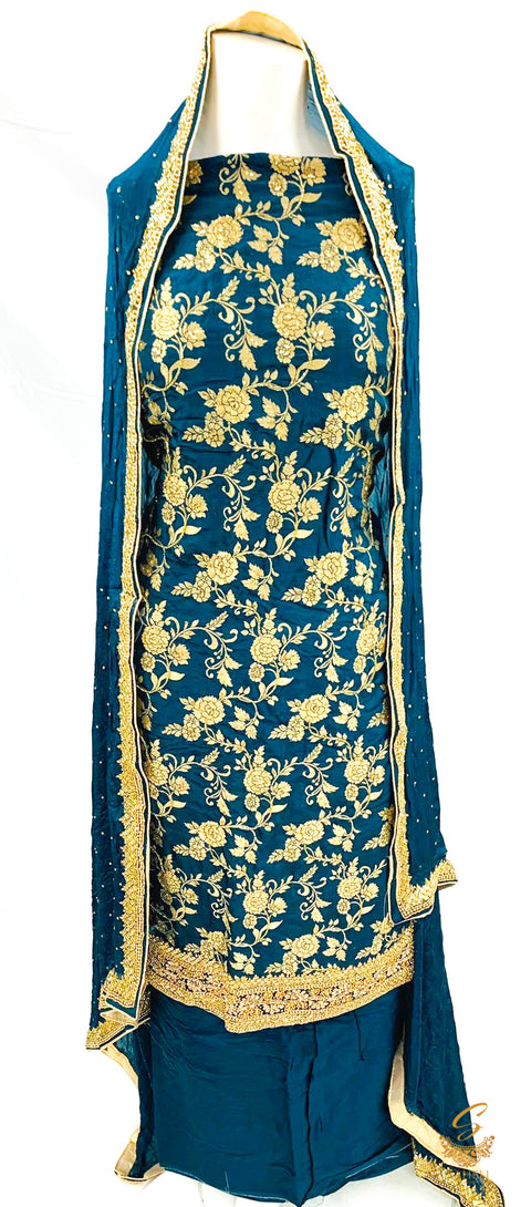 Dark Peacock blue Colour Pure Brocade Silk Kameez With Heavy Handwork With Pure Chiffon Heavy Handwork Malmal Silk Dupatta & Malmal Rayon Soft Bottom