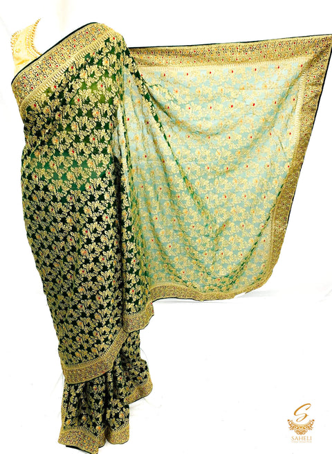 Deep forest greencolour pure georgette heavy all over embroidery zari work beautiful designer saree