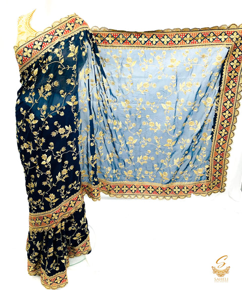 Dark peacock colour pure georgette heavy all over embroidery zari work beautiful designer saree