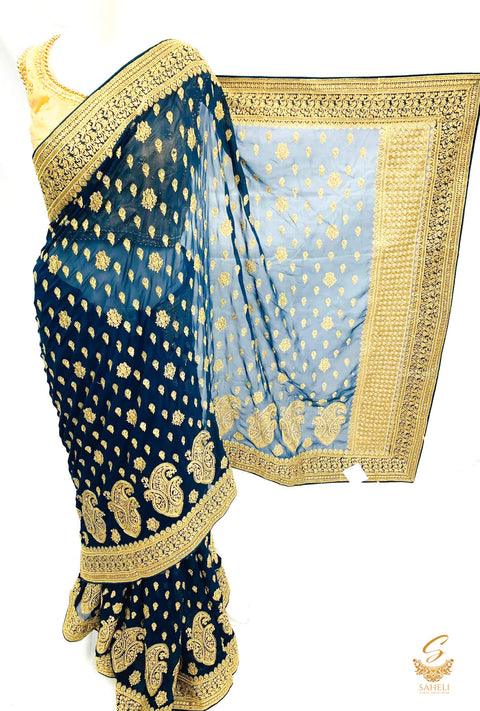 Dark PEacock Blue colour pure georgette heavy all over embroidery zari work beautiful designer saree