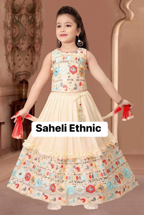 Pastel Peach Colour georgette based heavy embroidery & handwork kids kameez
