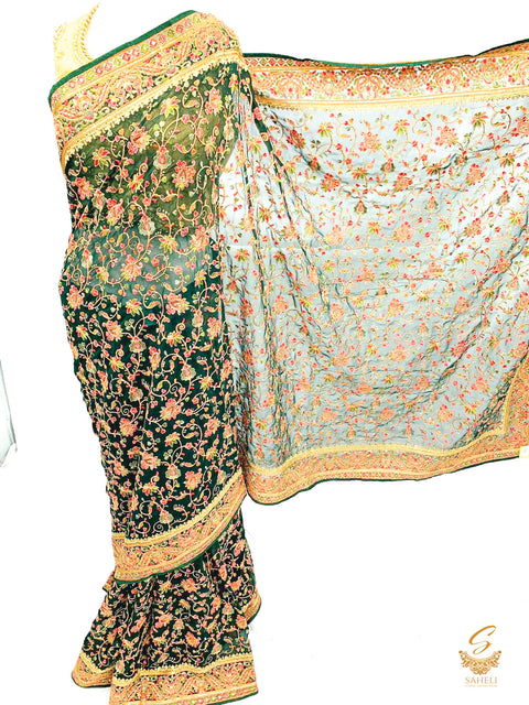 Dark bottle green colour pure georgette heavy all over embroidery zari work beautiful designer saree