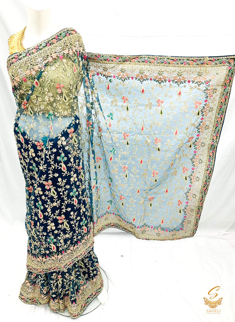 Peacock Blue  colour heavy stone work & embroidery jaal work beautiful netting designer saree