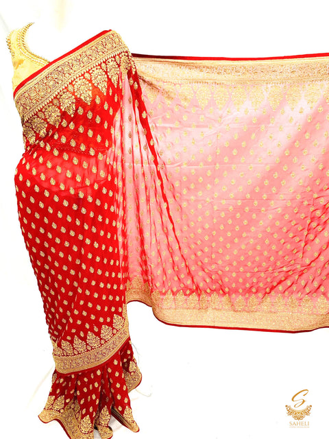 Dark red colour pure georgette heavy all over embroidery zari work beautiful designer saree