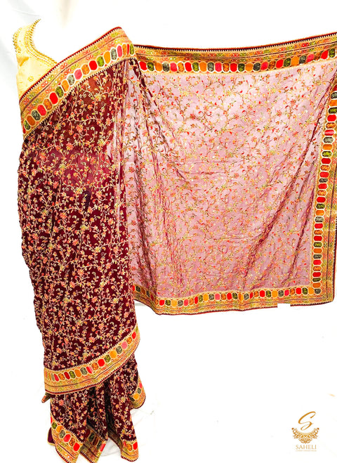 Deep Boysenberry colour pure georgette heavy all over embroidery zari work beautiful designer saree