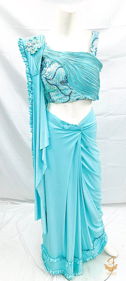 Size 38 (upto 42)  Sky Blue colour designer sequined blouse with readymade saree