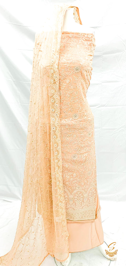 Pastel PEach Colour Pure & Original Chiifon Based Lakhnavi Work Kameez With Pure & Original Chiffon Dupatta heavy work And Malmal crepe Fabric