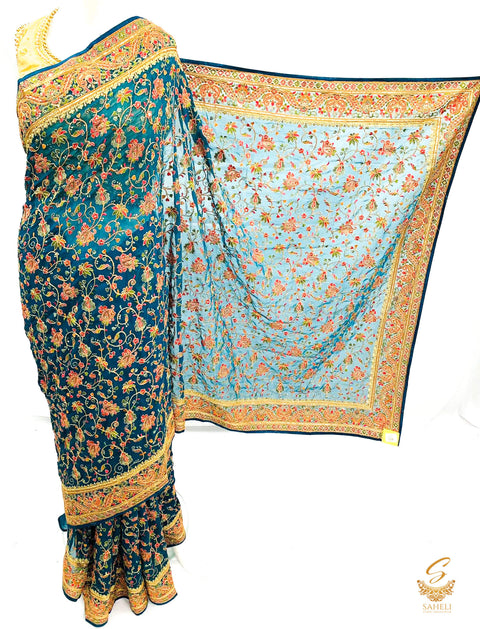 Dark peacock blue colour pure georgette heavy all over embroidery zari work beautiful designer saree